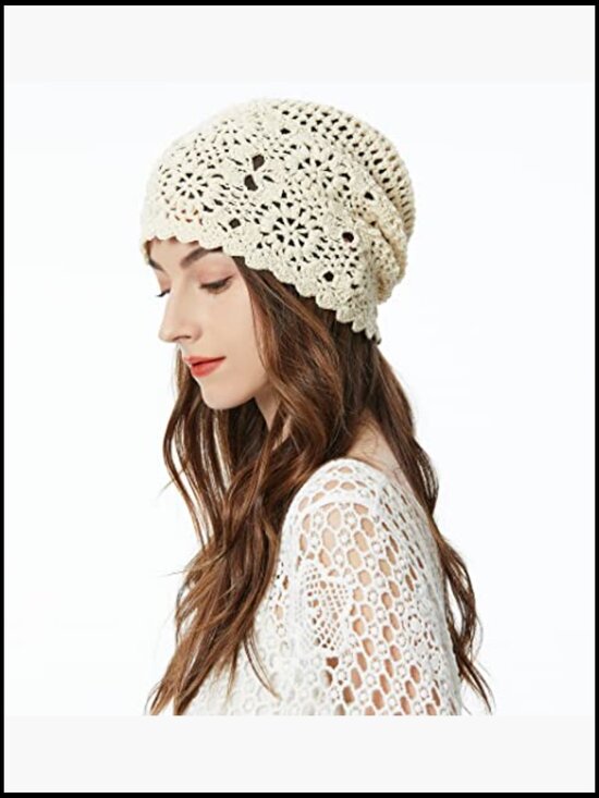 Handmade Crochet Slouchy Beanie and Beret Hat Cutout Floral 